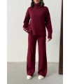 Kadın Bordo Kol Düğme Detaylı Bluz Pantolon Alt Üst İkili Triko Takım