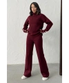Kadın Bordo Kol Düğme Detaylı Bluz Pantolon Alt Üst İkili Triko Takım