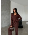 Kadın Kahverengi Rahat Kesim Fermuarlı Oversize Alt Üst ikili Triko Takım