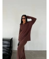 Kadın Kahverengi Rahat Kesim Fermuarlı Oversize Alt Üst ikili Triko Takım
