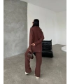 Kadın Kahverengi Rahat Kesim Fermuarlı Oversize Alt Üst ikili Triko Takım