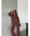 Kadın Kahverengi Rahat Kesim Fermuarlı Oversize Alt Üst ikili Triko Takım