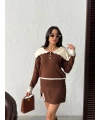Kadın Kahverengi Yaka Ve Yırtmaç detaylı Bluz Mini Etek Alt Üst İkili Triko takım