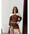 Kadın Kahverengi Yaka Ve Yırtmaç detaylı Bluz Mini Etek Alt Üst İkili Triko takım