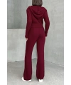 Kadın Kapşonlu Fermuarlı Crop Hırka Pantolon Alt Üst Triko Takım - Bordo S/m