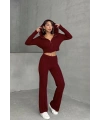 Kadın Kapşonlu Fermuarlı Crop Hırka Pantolon Alt Üst Triko Takım - Bordo S/m