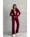 Kadın Kapşonlu Fermuarlı Crop Hırka Pantolon Alt Üst Triko Takım - Bordo S/m