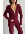 Kadın Kapşonlu Fermuarlı Crop Hırka Pantolon Alt Üst Triko Takım - Bordo S/m
