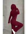 Kadın Kapşonlu Fermuarlı Crop Hırka Pantolon Alt Üst Triko Takım - Bordo S/m