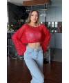 Kadın Kırmızı Pul İşlemeli Yarasa Kol Salaş Crop Bluz