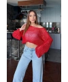 Kadın Kırmızı Pul İşlemeli Yarasa Kol Salaş Crop Bluz