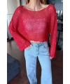 Kadın Kırmızı Pul İşlemeli Yarasa Kol Salaş Crop Bluz