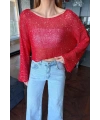Kadın Kırmızı Pul İşlemeli Yarasa Kol Salaş Crop Bluz