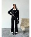 Kadın Siyah Kolu Saç Örgü Ve Şerit Detaylı Bebe Yaka Alt Üst Şık Triko Takım
