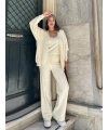Kadın Krem Crop Bluz Hırka Pantolon 3’lü Kışlık Triko Takım