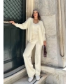 Kadın Krem Crop Bluz Hırka Pantolon 3’lü Kışlık Triko Takım
