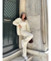 Kadın Krem Crop Bluz Hırka Pantolon 3’lü Kışlık Triko Takım