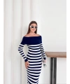 Kadın Lacivert Madonna Kayık Yaka Esnek Midi Boy Triko Elbise