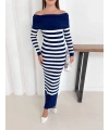 Kadın Lacivert Madonna Kayık Yaka Esnek Midi Boy Triko Elbise