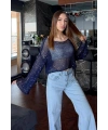 Kadın Lacivert Pul İşlemeli Yarasa Kol Salaş Crop Bluz