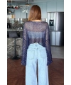 Kadın Lacivert Pul İşlemeli Yarasa Kol Salaş Crop Bluz
