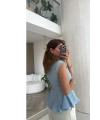 Kadın Mavi Çizgili Dar Kesim Simli Şık Sıfır Kol Gömlek