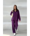 Kadın Mürdüm Oversize Şık Tensel Kumaş Gömlek Geniş Paça Pantolon Takım Rahat Kesim İkili Premium Takım
