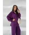 Kadın Mürdüm Oversize Şık Tensel Kumaş Gömlek Geniş Paça Pantolon Takım Rahat Kesim İkili Premium Takım