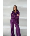 Kadın Mürdüm Oversize Şık Tensel Kumaş Gömlek Geniş Paça Pantolon Takım Rahat Kesim İkili Premium Takım