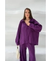 Kadın Mürdüm Oversize Şık Tensel Kumaş Gömlek Geniş Paça Pantolon Takım Rahat Kesim İkili Premium Takım