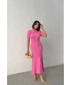 Kadın Pembe Düğmeli Yazlık Kumaş Kısa Kol Polo Yaka Uzun Triko Elbise