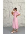 Kadın Pembe Şık Gömlek Yaka Fırfır Detaylı Kısa Kollu Yazlık Poplin Midi Elbise