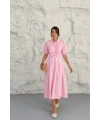 Kadın Pembe Şık Gömlek Yaka Fırfır Detaylı Kısa Kollu Yazlık Poplin Midi Elbise