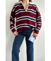 Kadın Polo Yaka Bordo Oversize Kazak