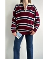 Kadın Polo Yaka Bordo Oversize Kazak