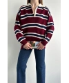 Kadın Polo Yaka Bordo Oversize Kazak