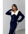 Kadın Lacivert Şık Yaka Detaylı Hırka Etek Alt Üst Triko Takım