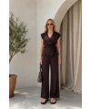 Kadın Kahverengi Bağlama Detaylı Bluz Geniş Paça Alt Üst İkili Yazlık Takım
