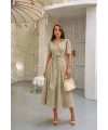 Kadın Bej Beyaz Pötikare Desenli Vintage Stil Kuşaklı Midi Boy Gömlek Elbise