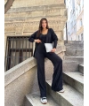 Kadın Siyah Crop Bluz Hırka Pantolon 3’lü Kışlık Triko Takım