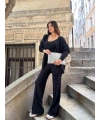 Kadın Siyah Crop Bluz Hırka Pantolon 3’lü Kışlık Triko Takım