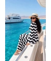 Kadın Siyah Zigzag Desenli Beyaz Şık Yazlık Uzun Plaj Tatil Elbisesi