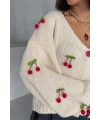 Kadın Taş Kiraz Aksesuarlı Triko Hırka