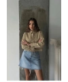 Kadın Yeşil Şık Bağcık Detaylı Crop Dokuma Gömlek