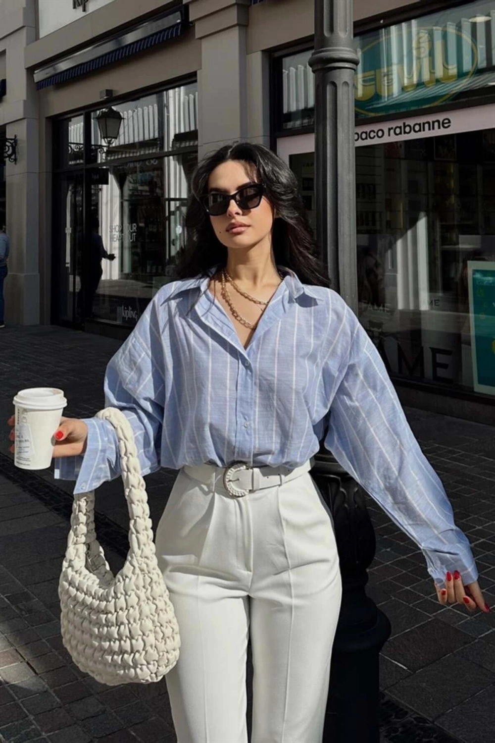 Kadın Premium Kalite Çizgili Uzun Kol Oversize Gömlek - Mavi