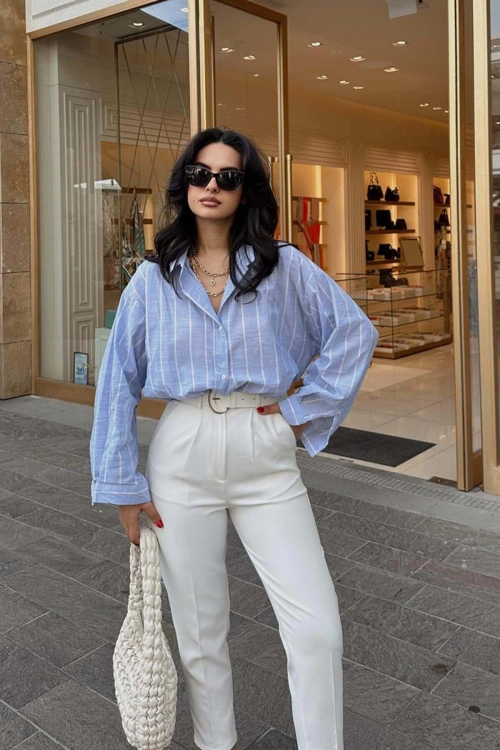 Kadın Premium Kalite Çizgili Uzun Kol Oversize Gömlek - Mavi