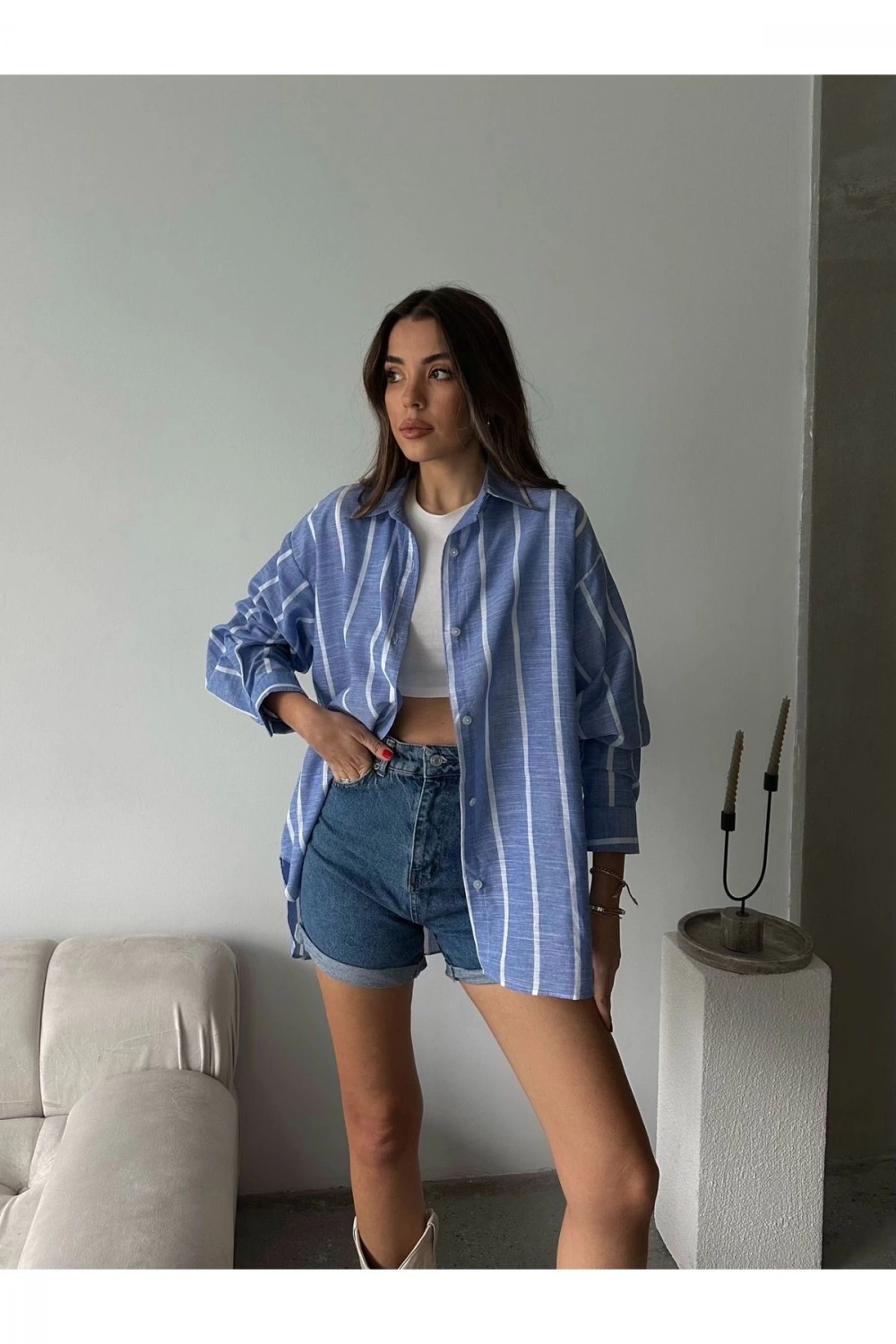 Kadın Premium Kalite Çizgili Uzun Kol Oversize Gömlek - Mavi