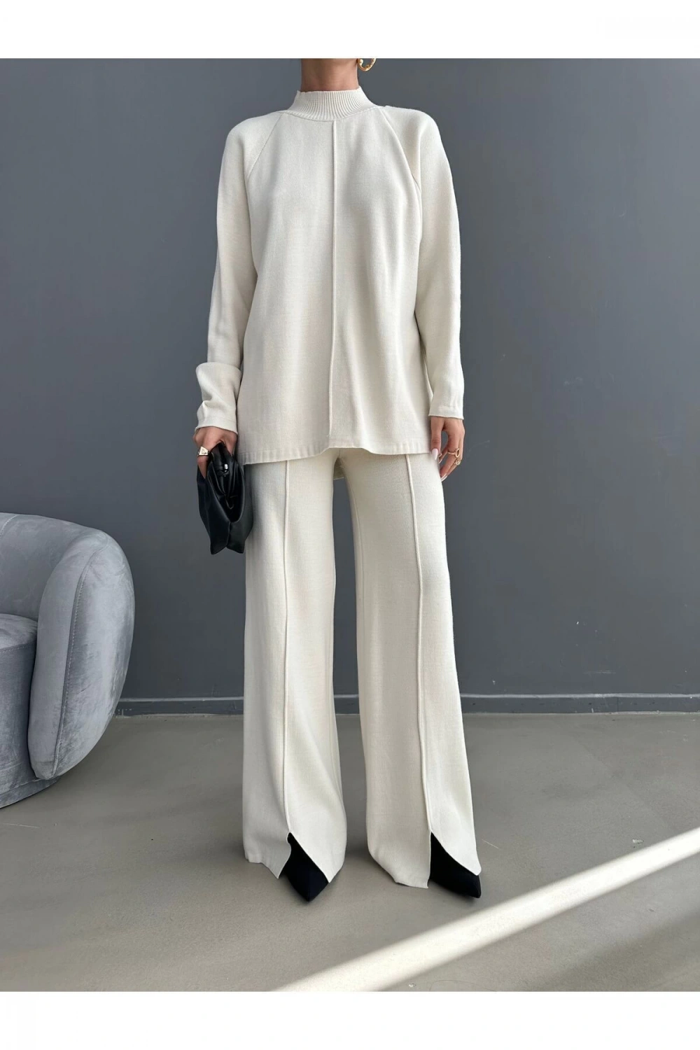 Kadın Yarım Balıkçı Yaka Kazak Pantolon Alt Üst Triko Takım - Krem