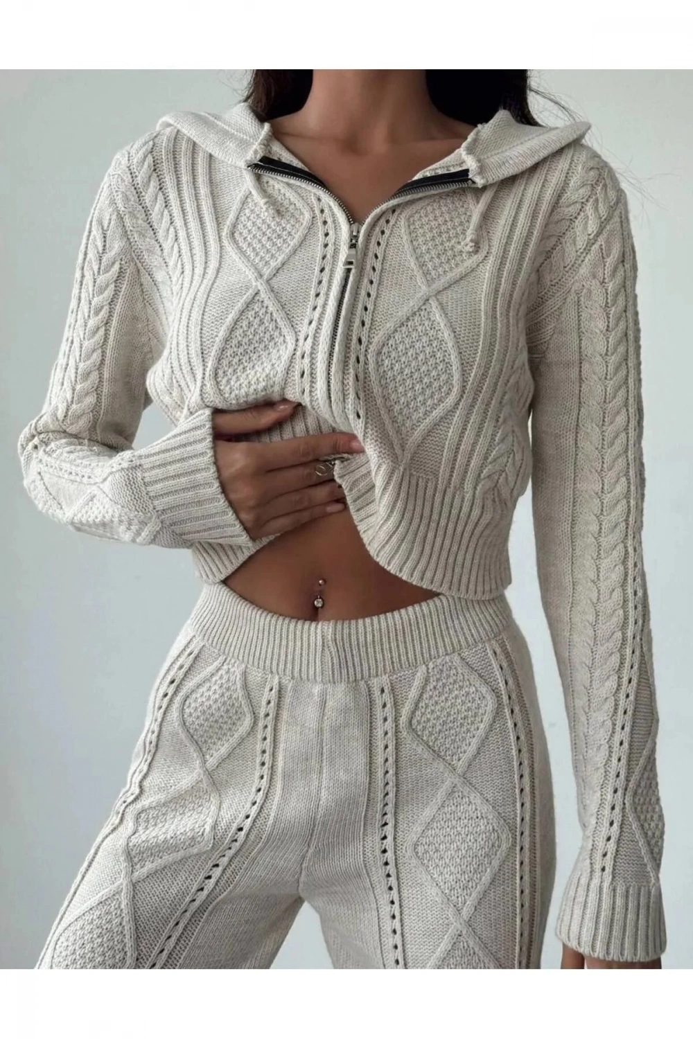 Kadın Kapşonlu Fermuarlı Crop Hırka Pantolon Alt Üst Triko Takım - Taş S/m