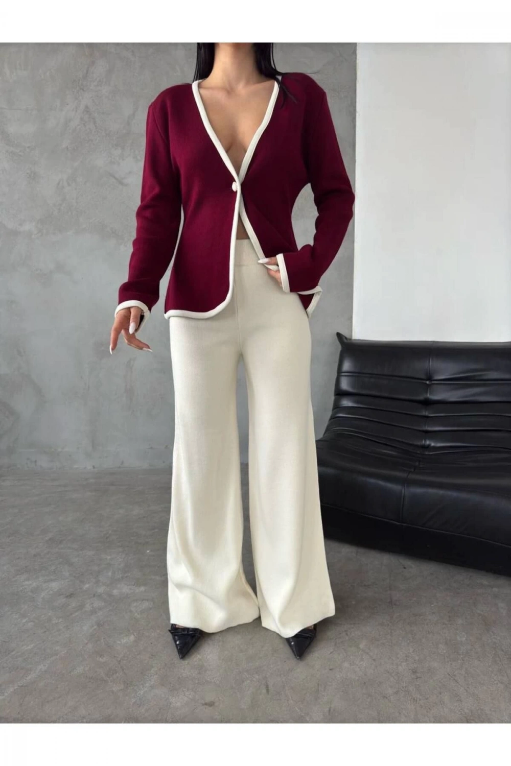 Kadın Bordo Triko Ceket Yelek Pantolon Alt Üst İkili Triko Takım